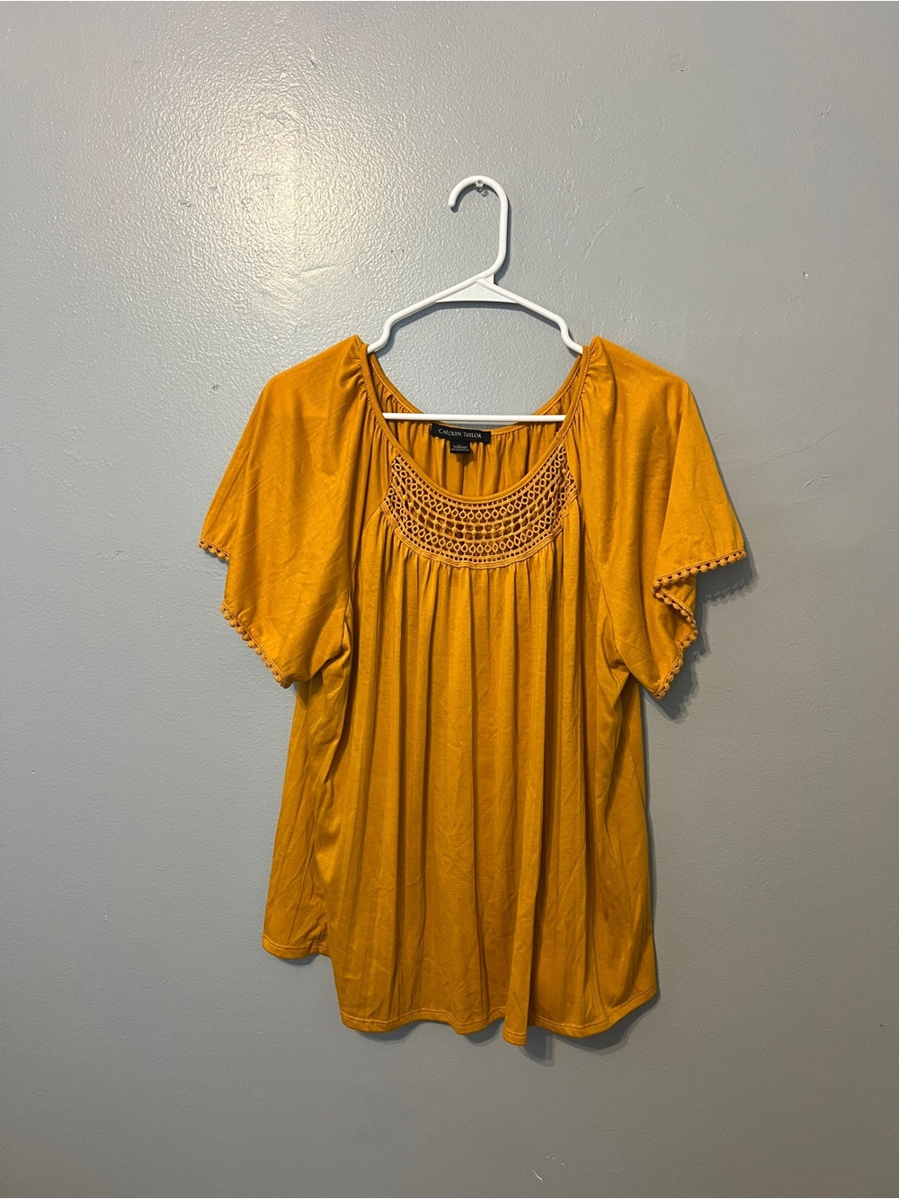 croft & barrow Mustard Yellow Crochet Yoke Flutter Sleeve Top
